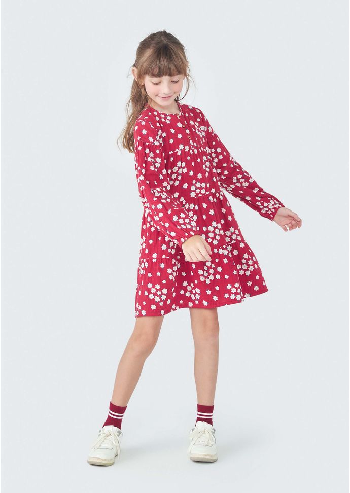 Vestido Infantil Manga Longa Floral - Vermelho