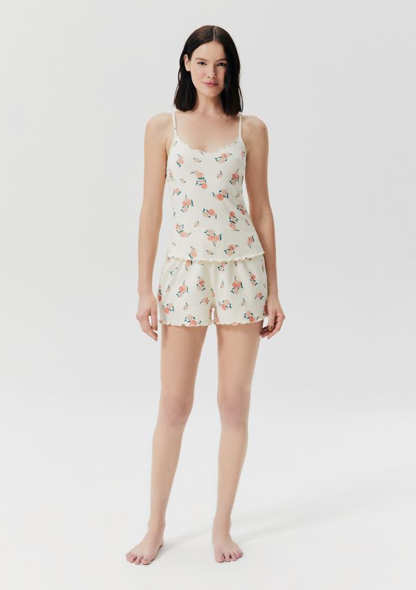 Pijama Curto Feminino Estampado Em Ribana - Off white G