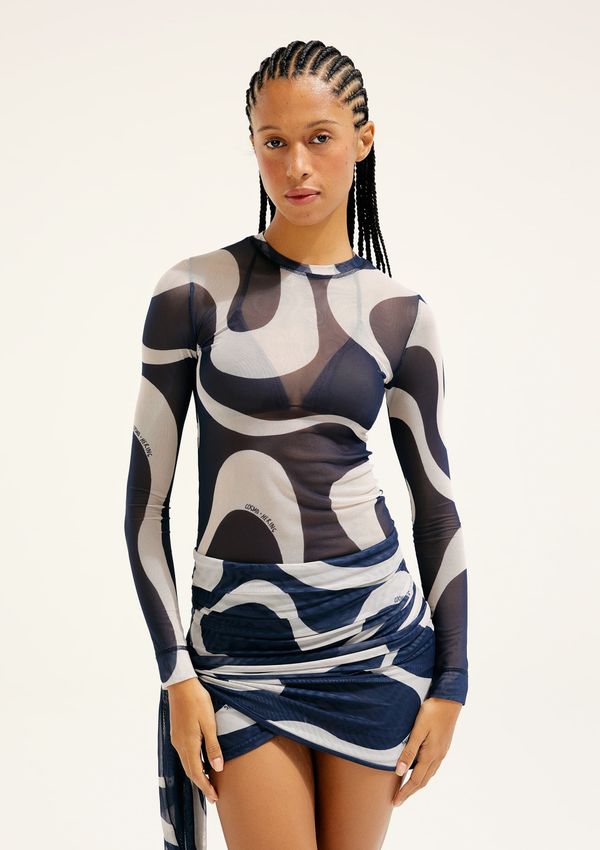 Blusa Manga Longa Estampada Em Tule Hering + Cosmo - Azul XP