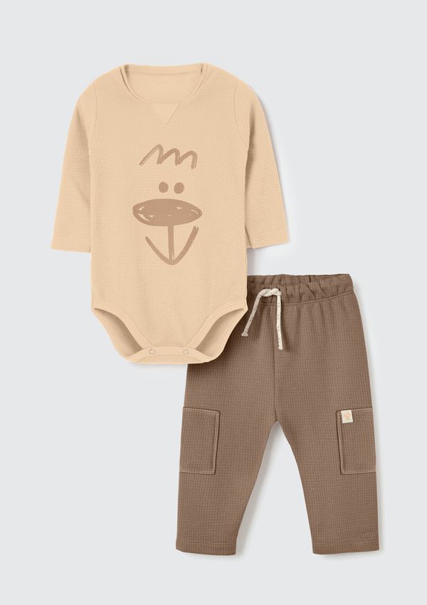 Conjunto Longo Bebê Menino Com Aplique - Bege 06M