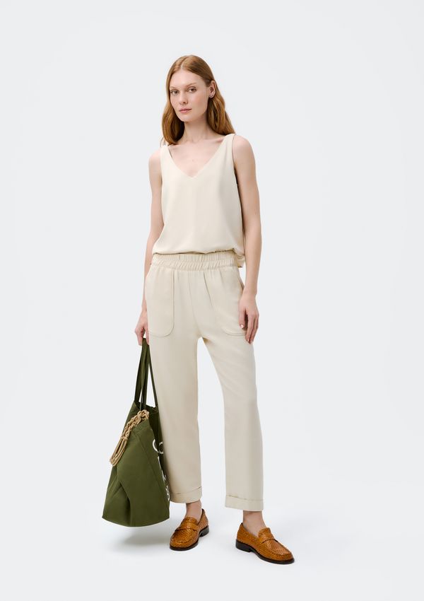 Calça Feminina Carrot Cintura Alta Em Viscose Creponada - Bege G