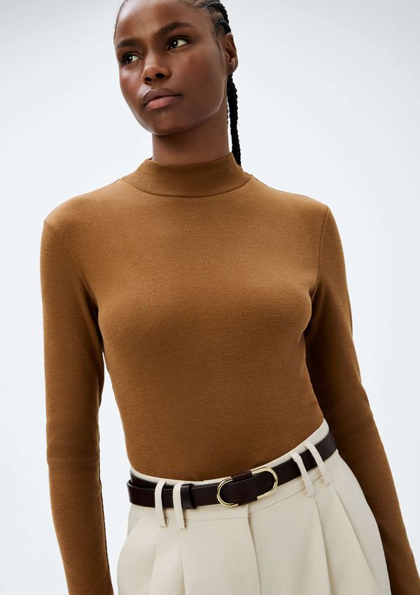 Blusa Básica Feminina Manga Longa Gola Alta Em Ribana Canelada - Marrom XG