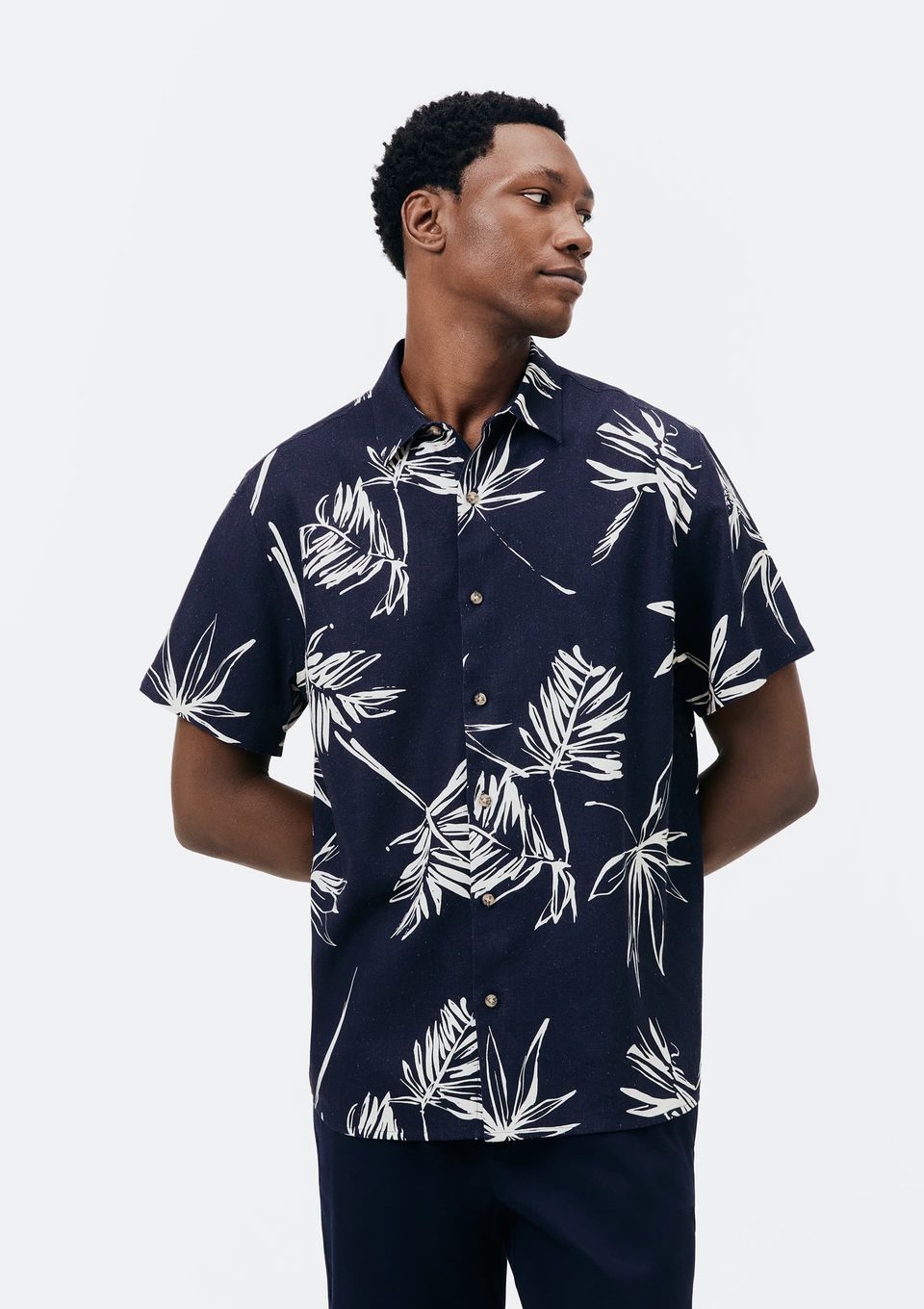 Camisa Masculina Manga Curta Estampada em Linho - Azul