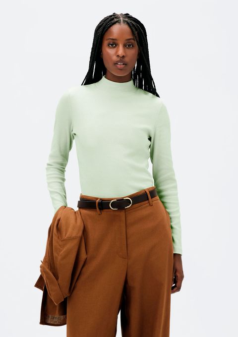 Blusa Básica Feminina Manga Longa Gola Alta em Ribana Canelada - Verde — Hering