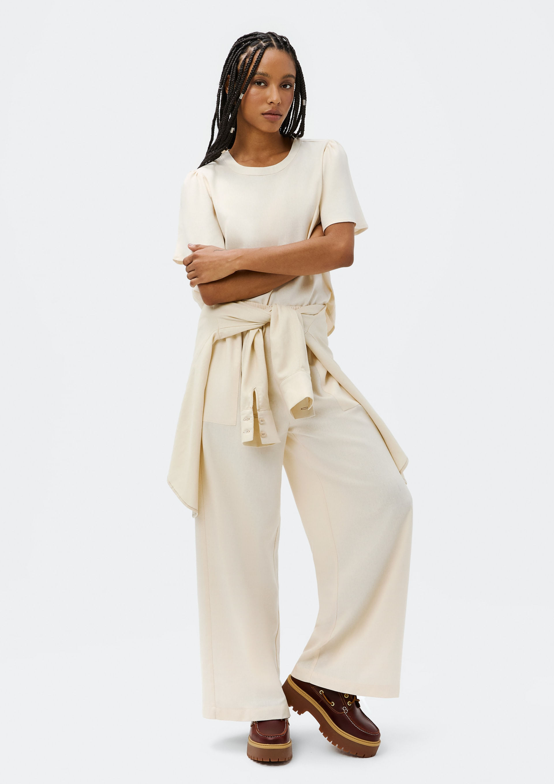 Calça Feminina Reta Cintura Alta Com Linho - Off white