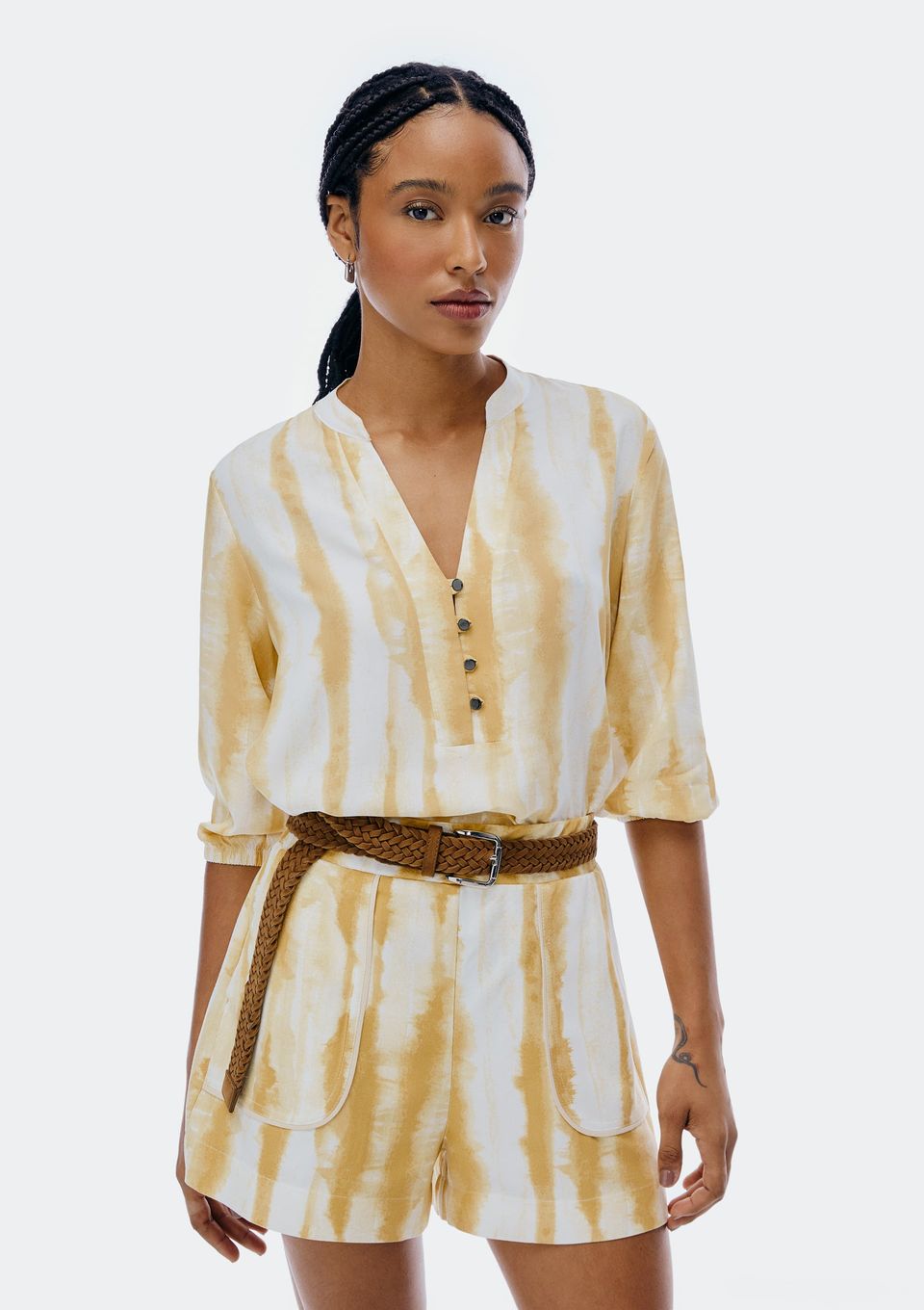 Blusa Feminina Estampada Decote V Manga Bufante - Amarelo
