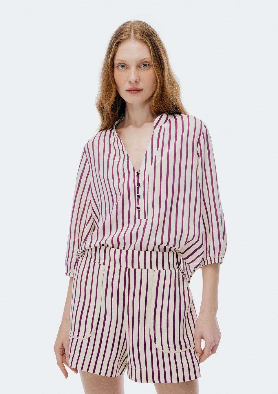 Blusa Feminina Estampada Decote V Manga Bufante - Roxo