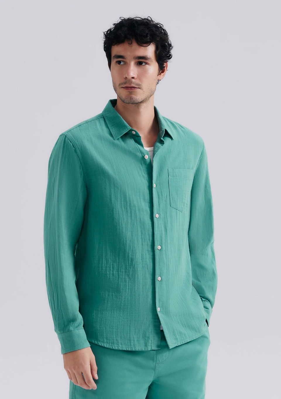 Camisa Masculina Manga Longa Texturizada - Verde