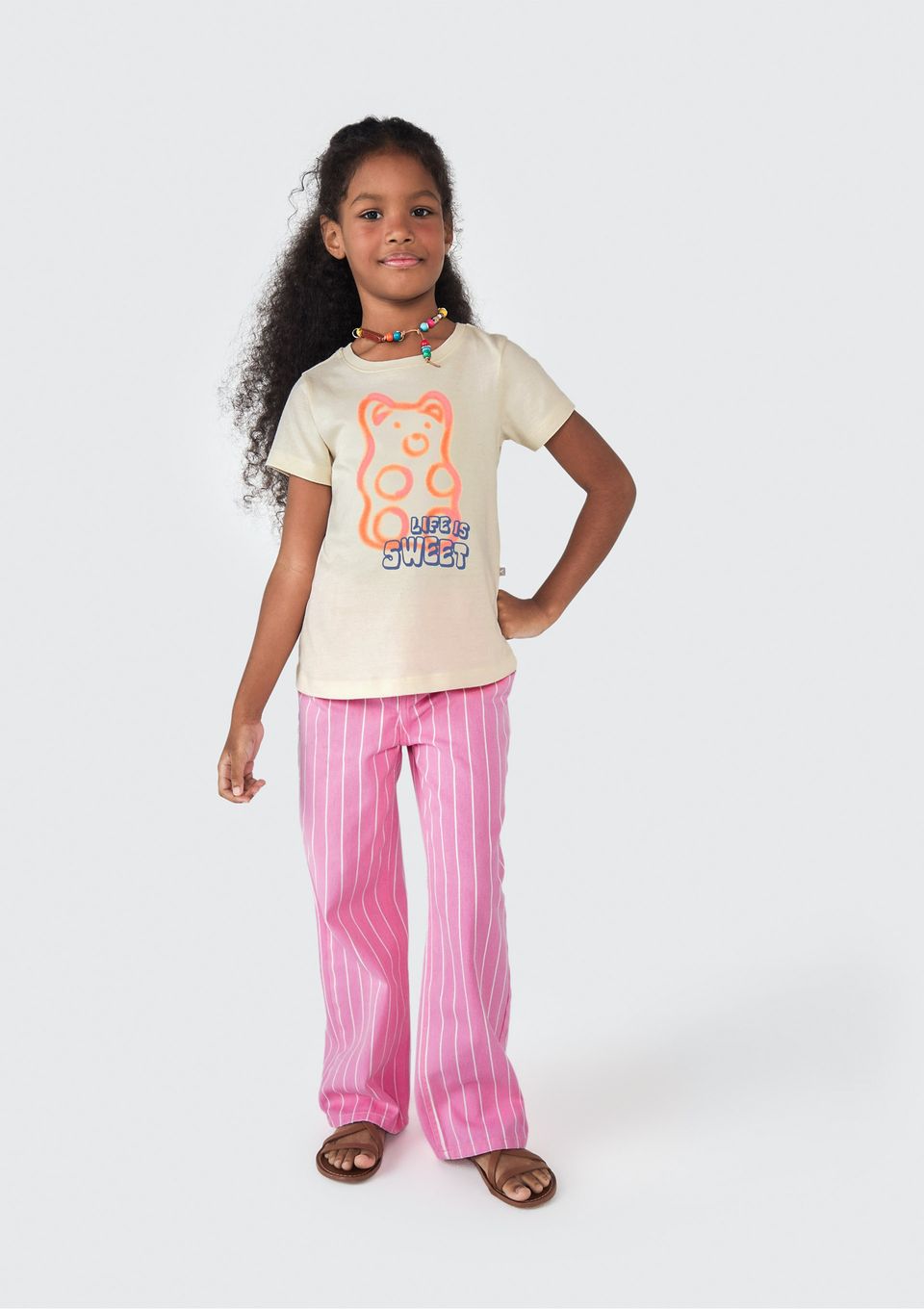 Calça Infantil Menina Listrada em Sarja - Rosa