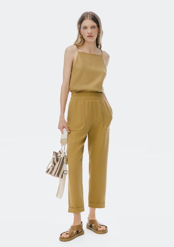 Calça Feminina Carrot Cintura Alta Em Viscose Creponada - Caqui G