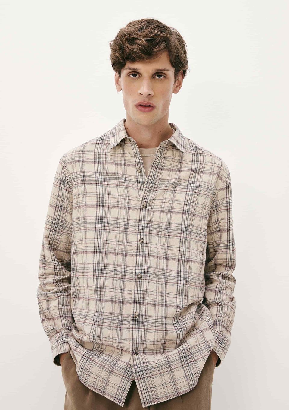 Camisa Masculina Manga Longa Xadrez em Linho - Natural