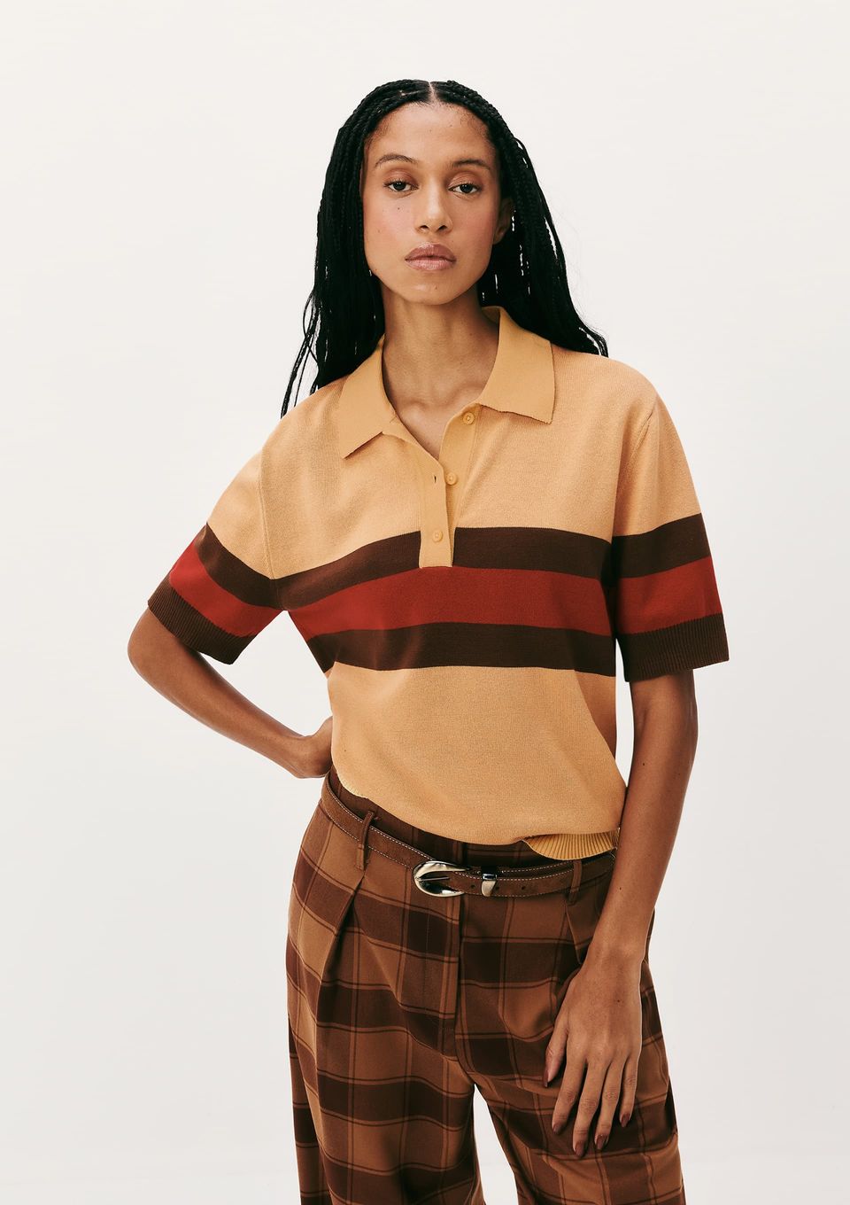 Blusa Polo Feminina Listrada em Tricô - Bege