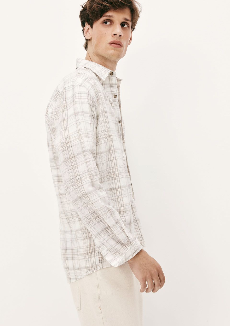 Camisa Masculina Manga Longa Xadrez em Linho - Cinza