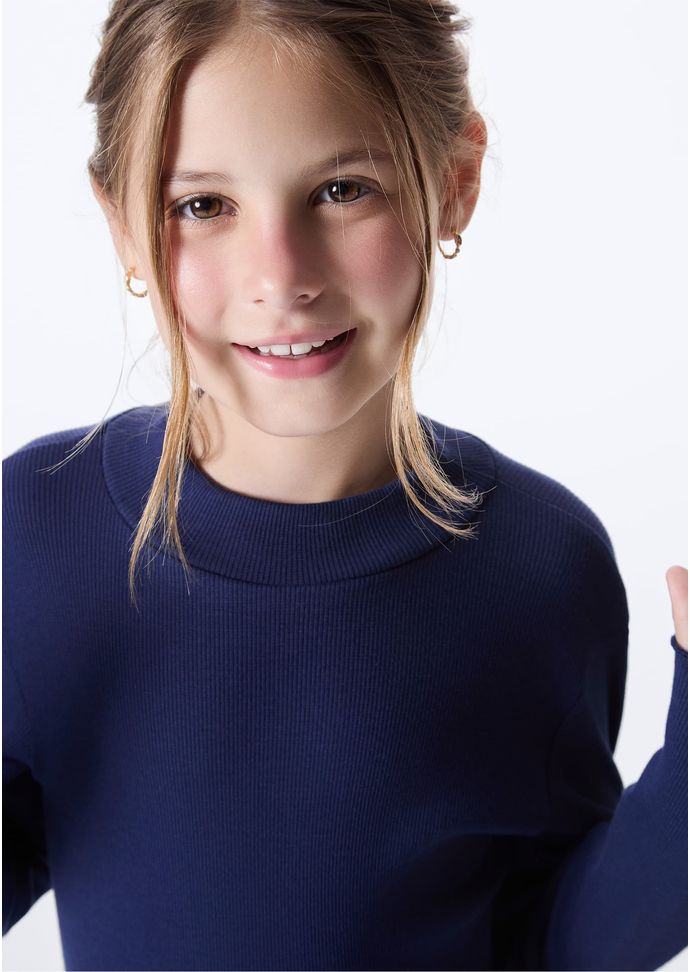 Blusa Básica Infantil Menina Gola Alta Em Ribana Com Fru-Fru - Azul