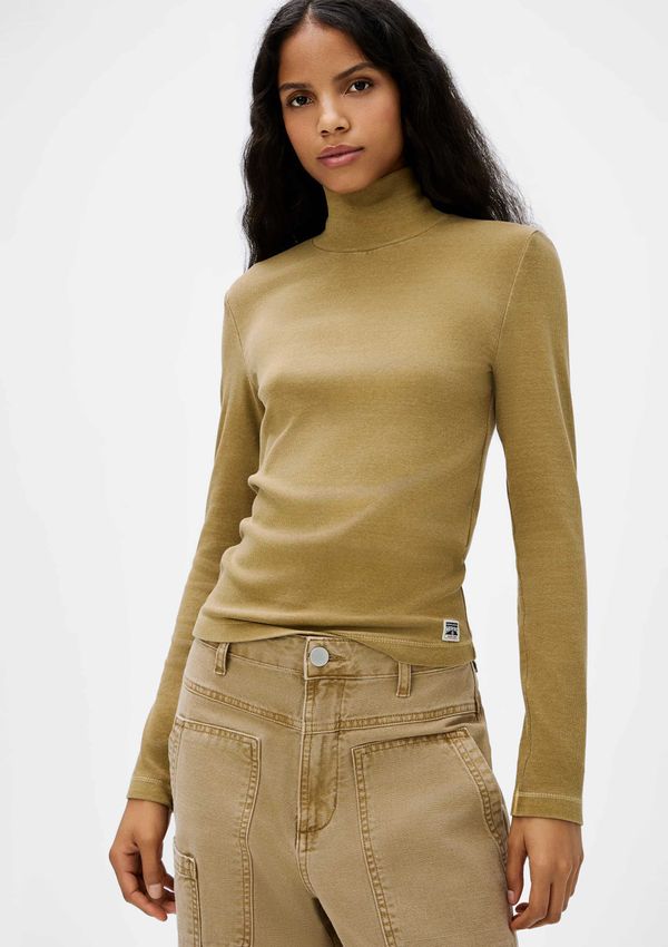Blusa Feminina Gola Alta Em Ribana - Caqui P