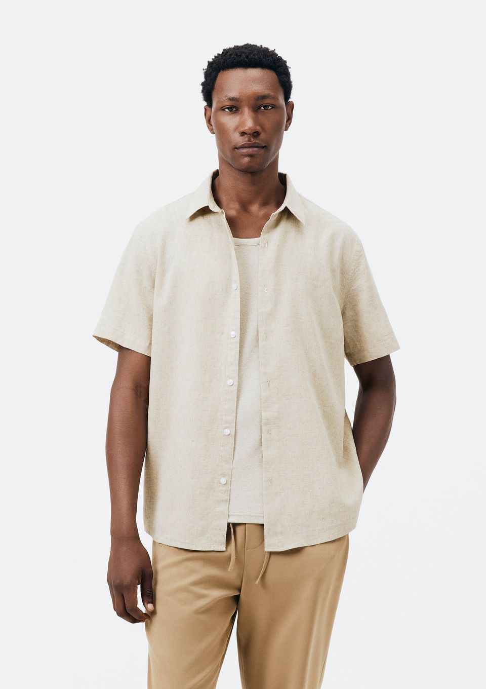 Camisa Masculina Manga Curta Slim com Linho - Off White