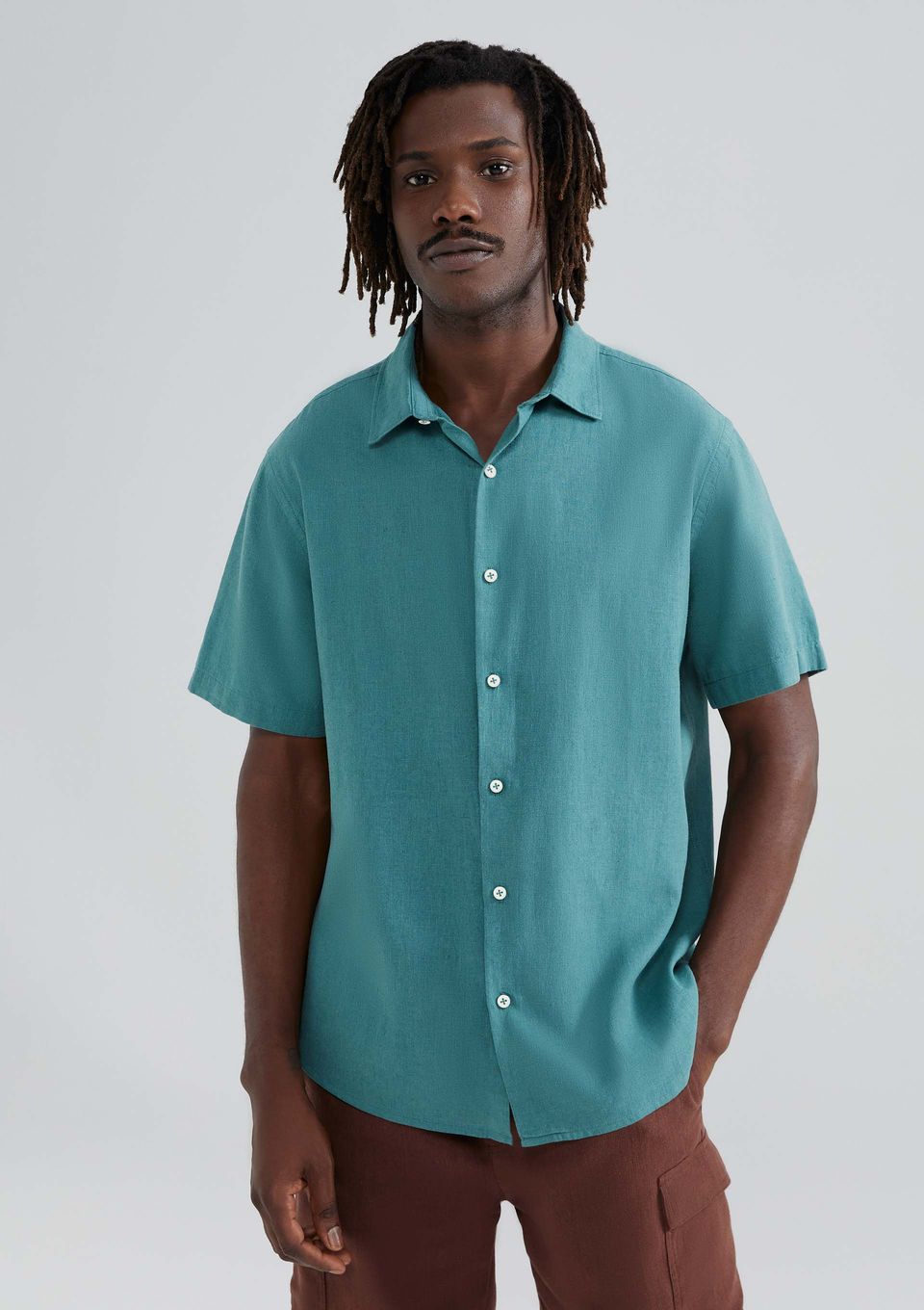 Camisa Masculina Manga Curta Slim com Linho - Verde