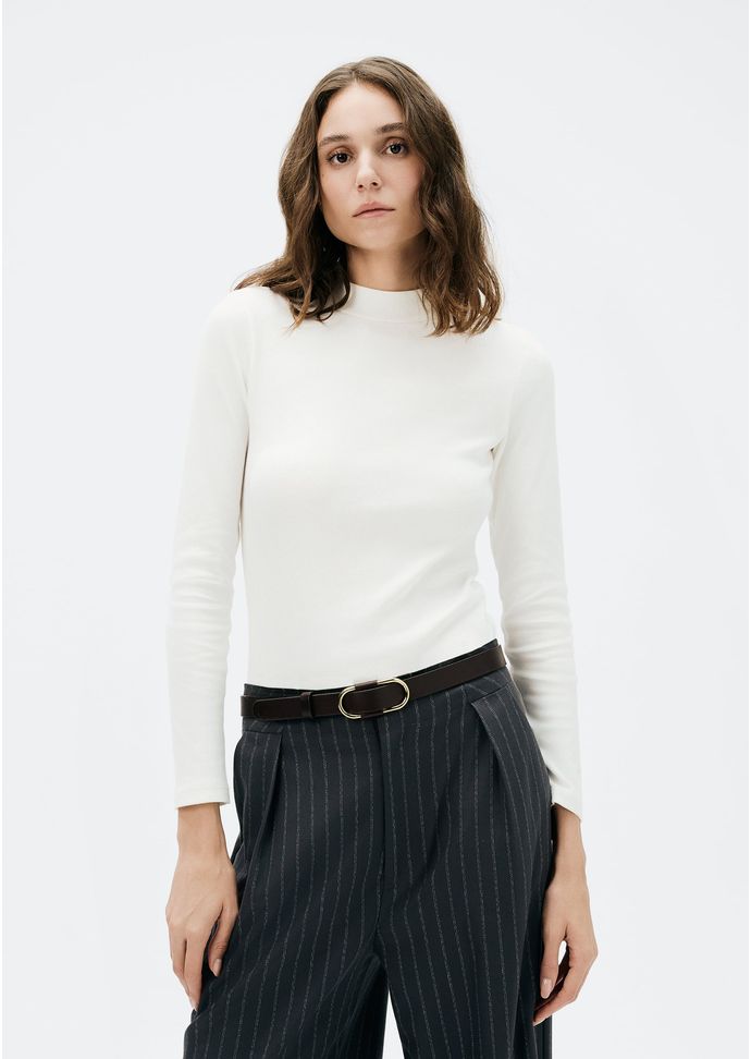 Blusa Básica Feminina Manga Longa Gola Alta Em Ribana Canelada - Off white