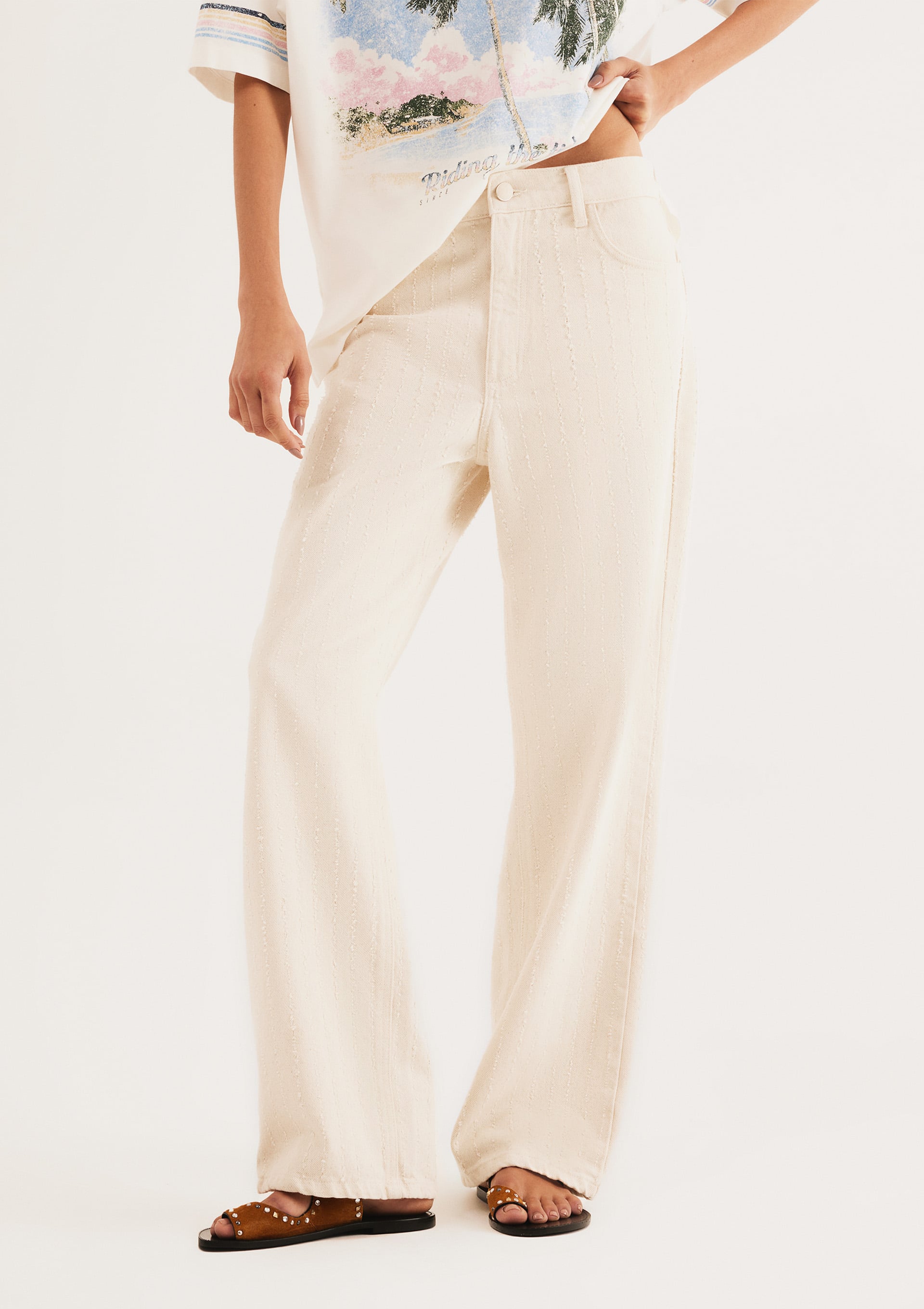 Calça Feminina Reta Cintura Média Em Sarja - Off white
