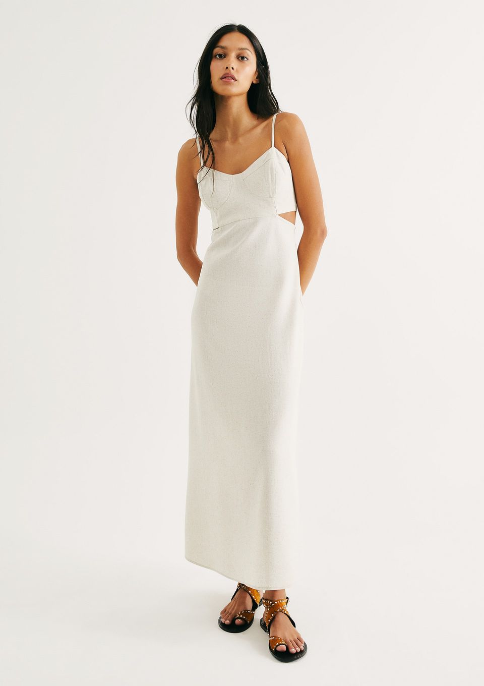 Vestido Midi Evasê com Lastex em Linho - Off White