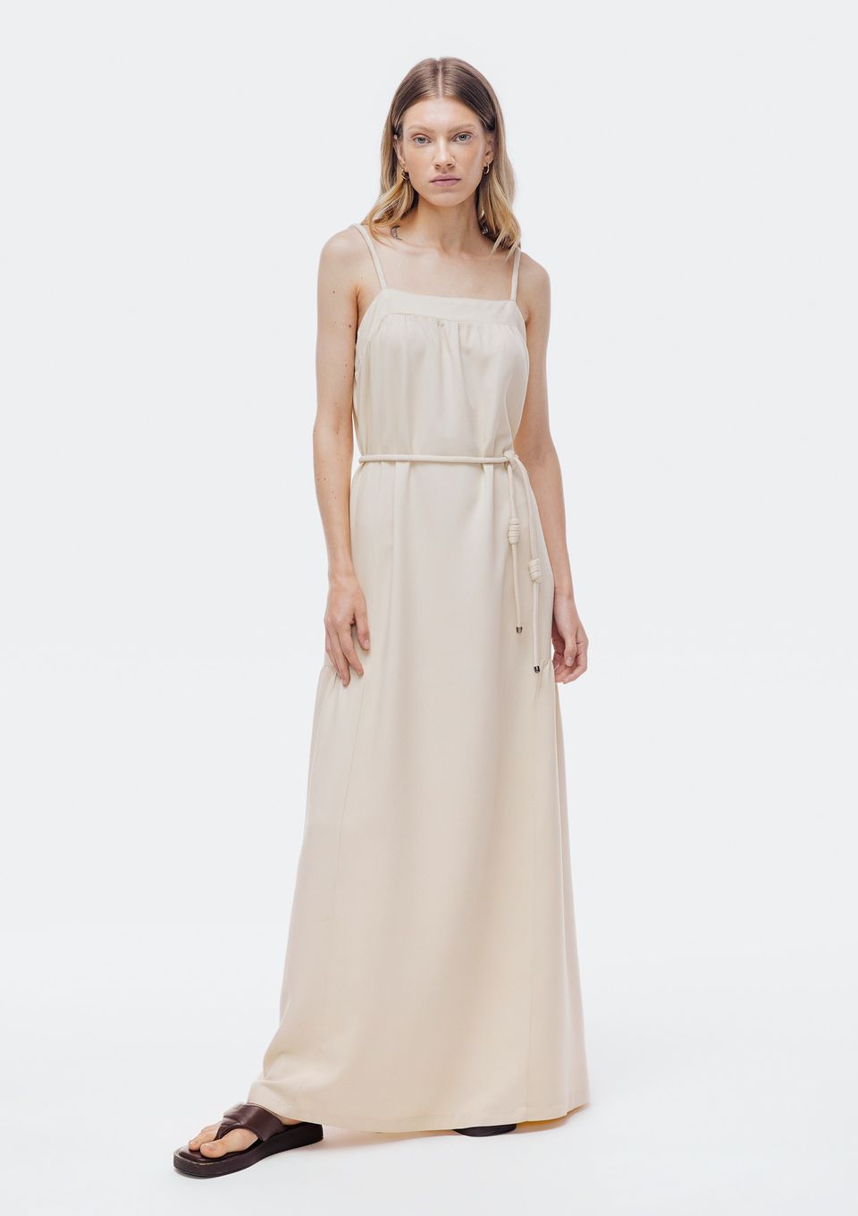 Vestido Longo Evasê Creponado - Creme