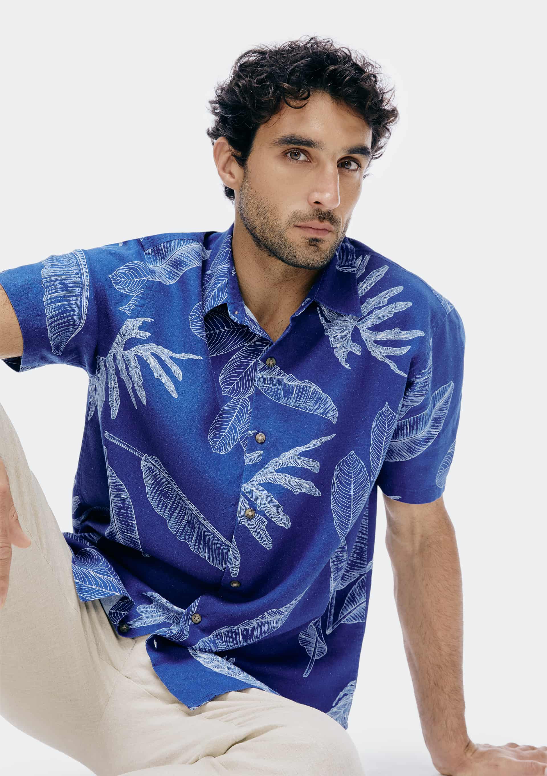 Camisa Masculina Manga Curta Estampada Em Linho - Azul