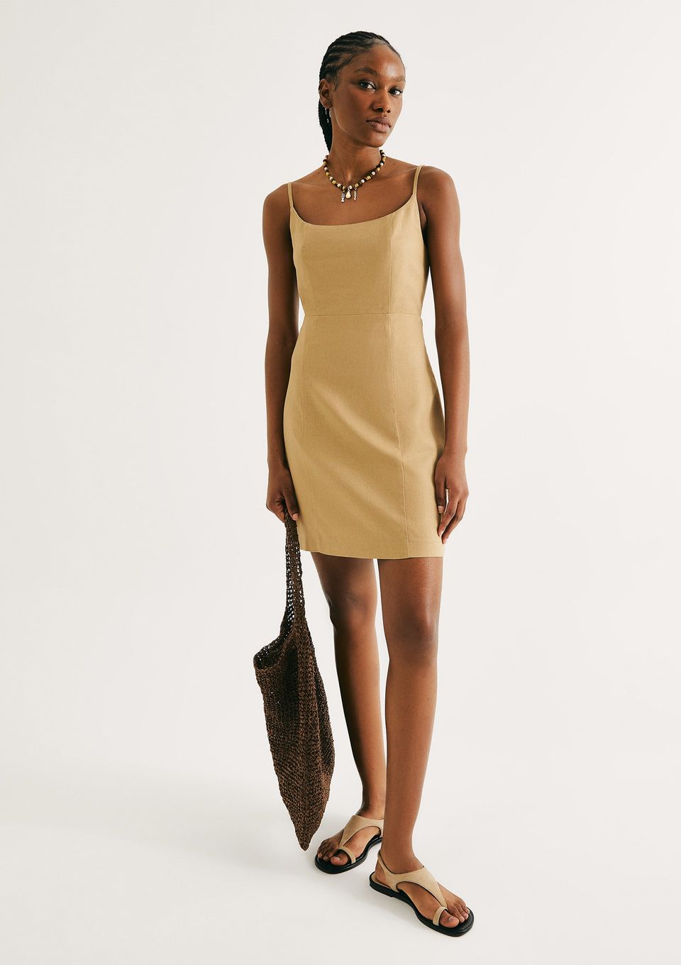 Vestido Curto com Linho - Bege
