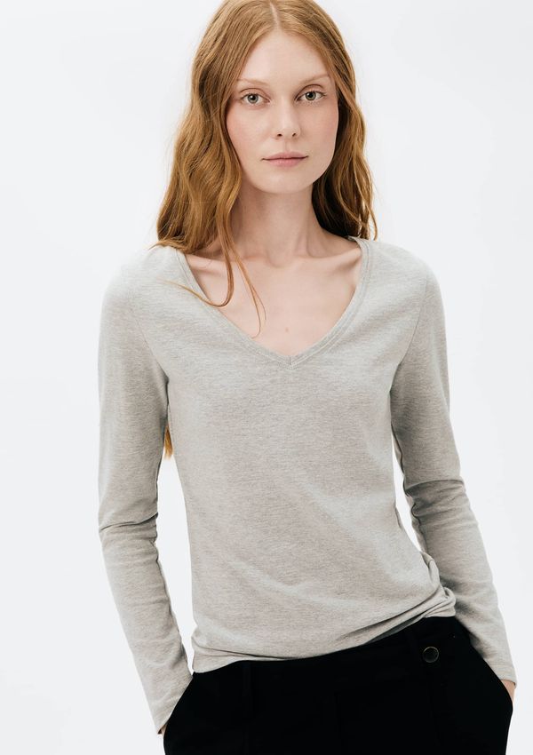 Blusa Básica Feminina Manga Longa Slim Decote V - Cinza XG