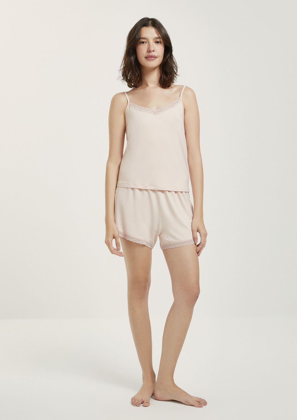 Pijama Curto Feminino com Renda - Rosa