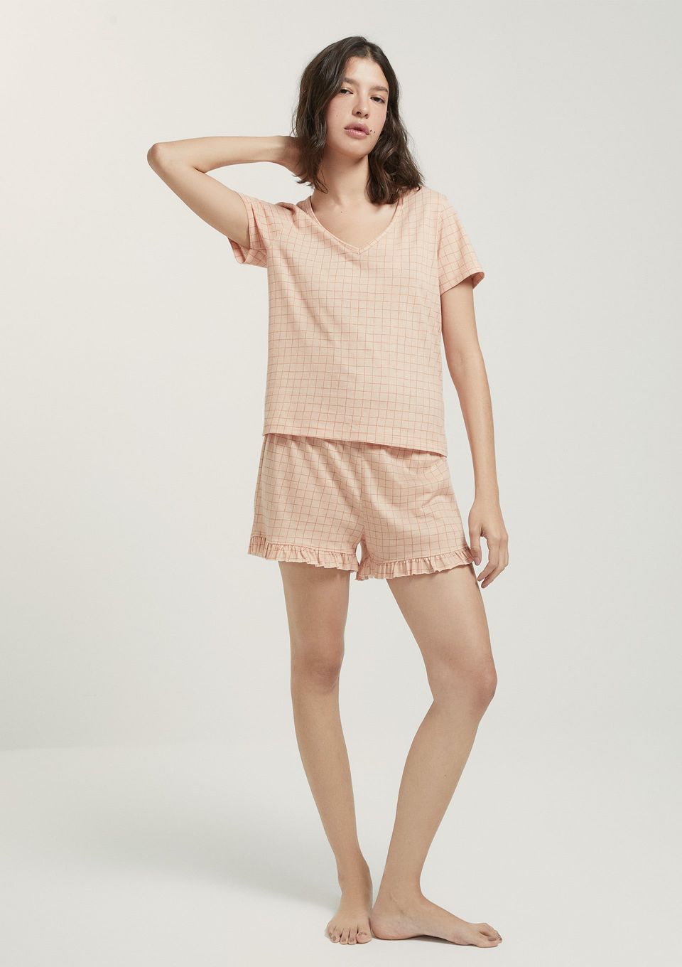 Pijama Curto Feminino Estampado Decote V - Rosa