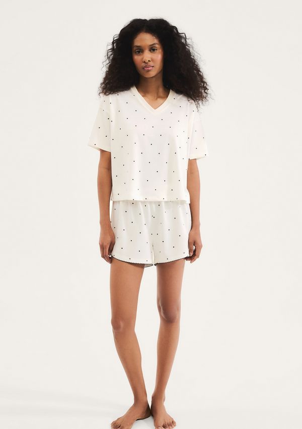 Pijama Curto Feminino Estampado Decote V - Creme M