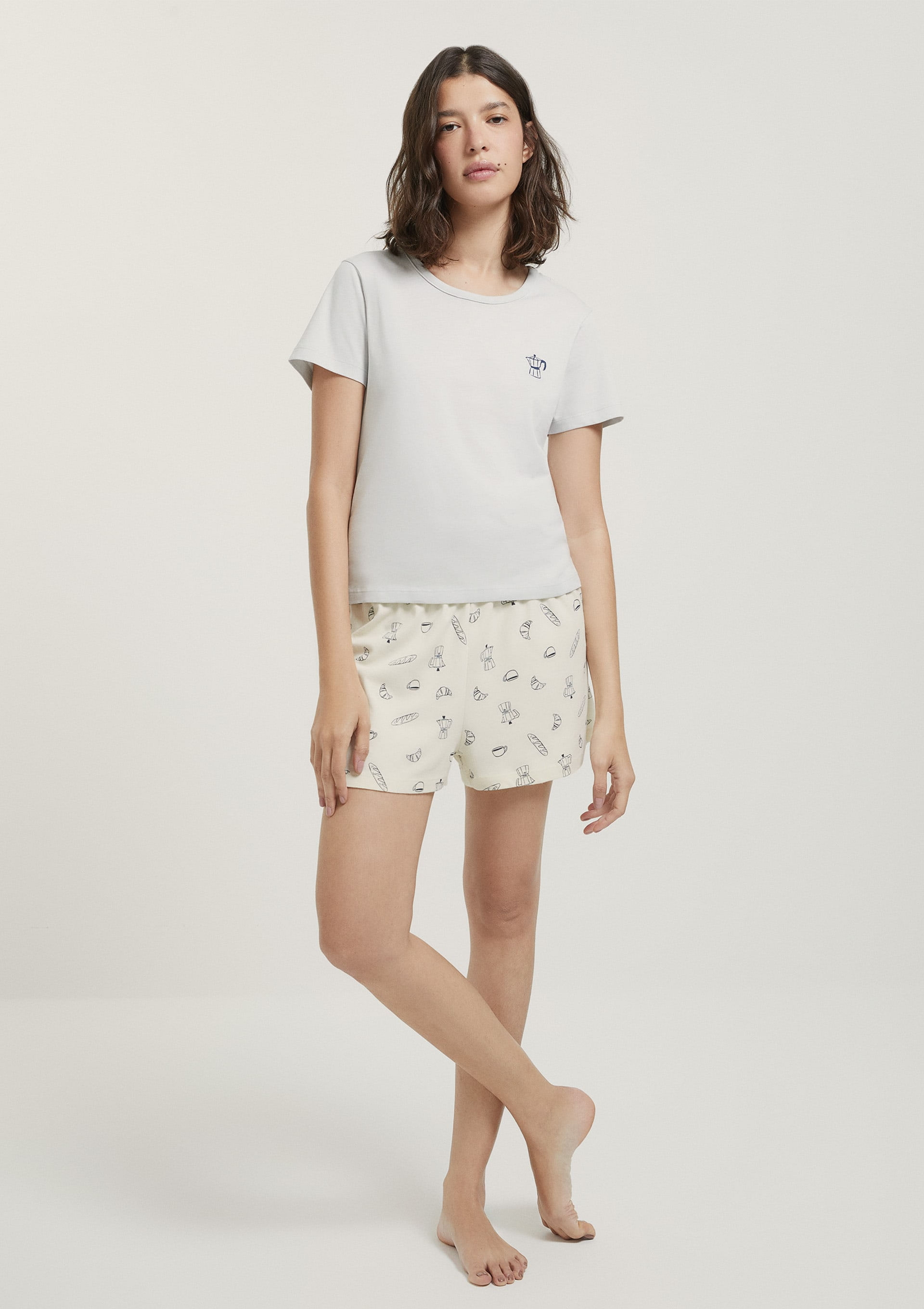 Pijama Curto Feminino Estampado - Cinza