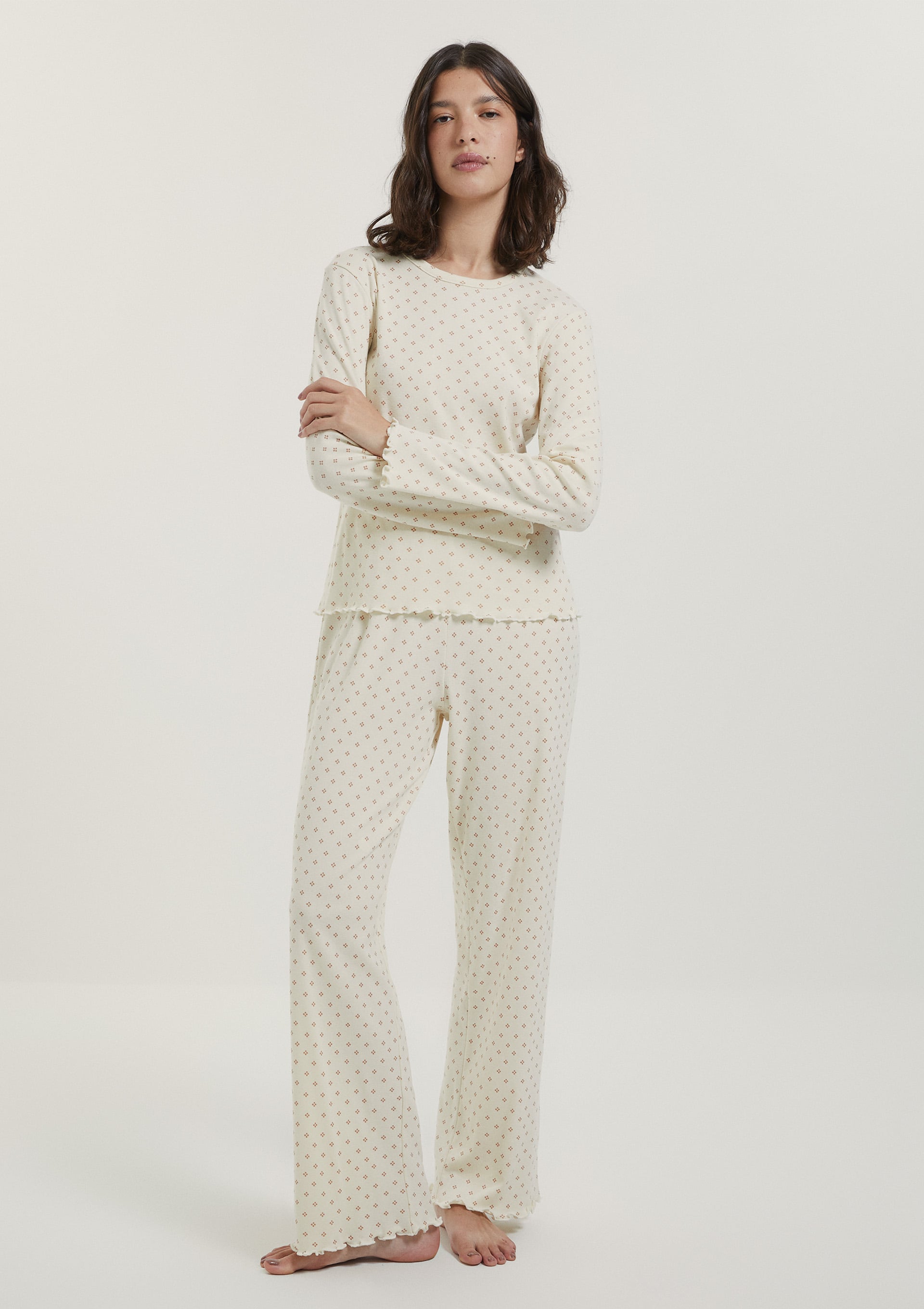 Pijama Longo Feminino Estampado - Creme