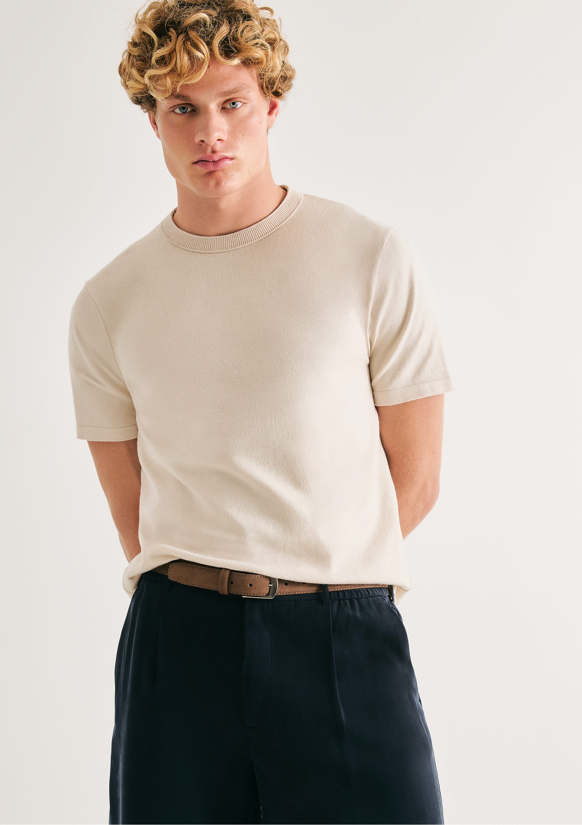 Camiseta Masculina Manga Curta Em Tricô - Creme