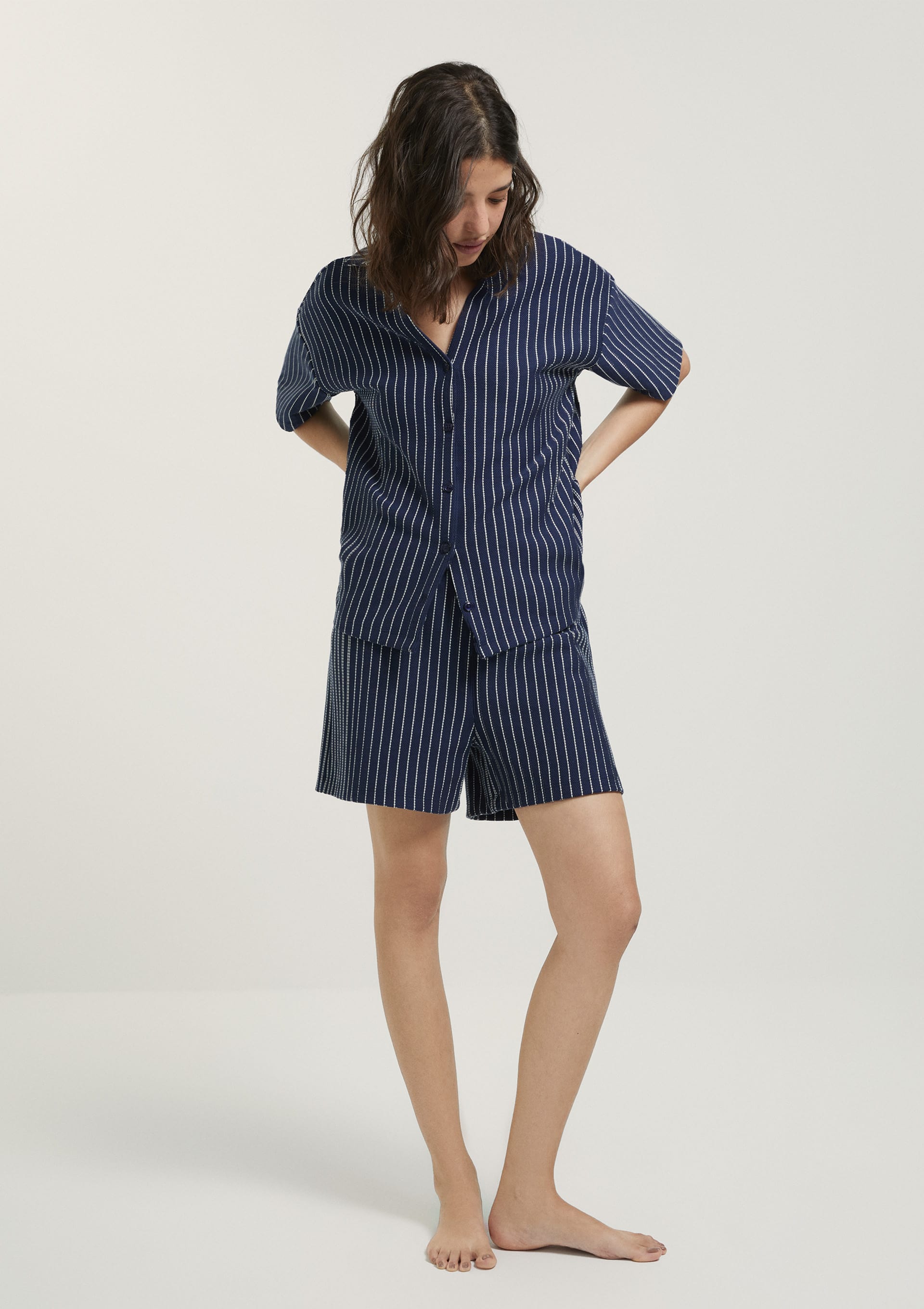 Pijama Curto Feminino Fio Tinto Texturizado - Azul