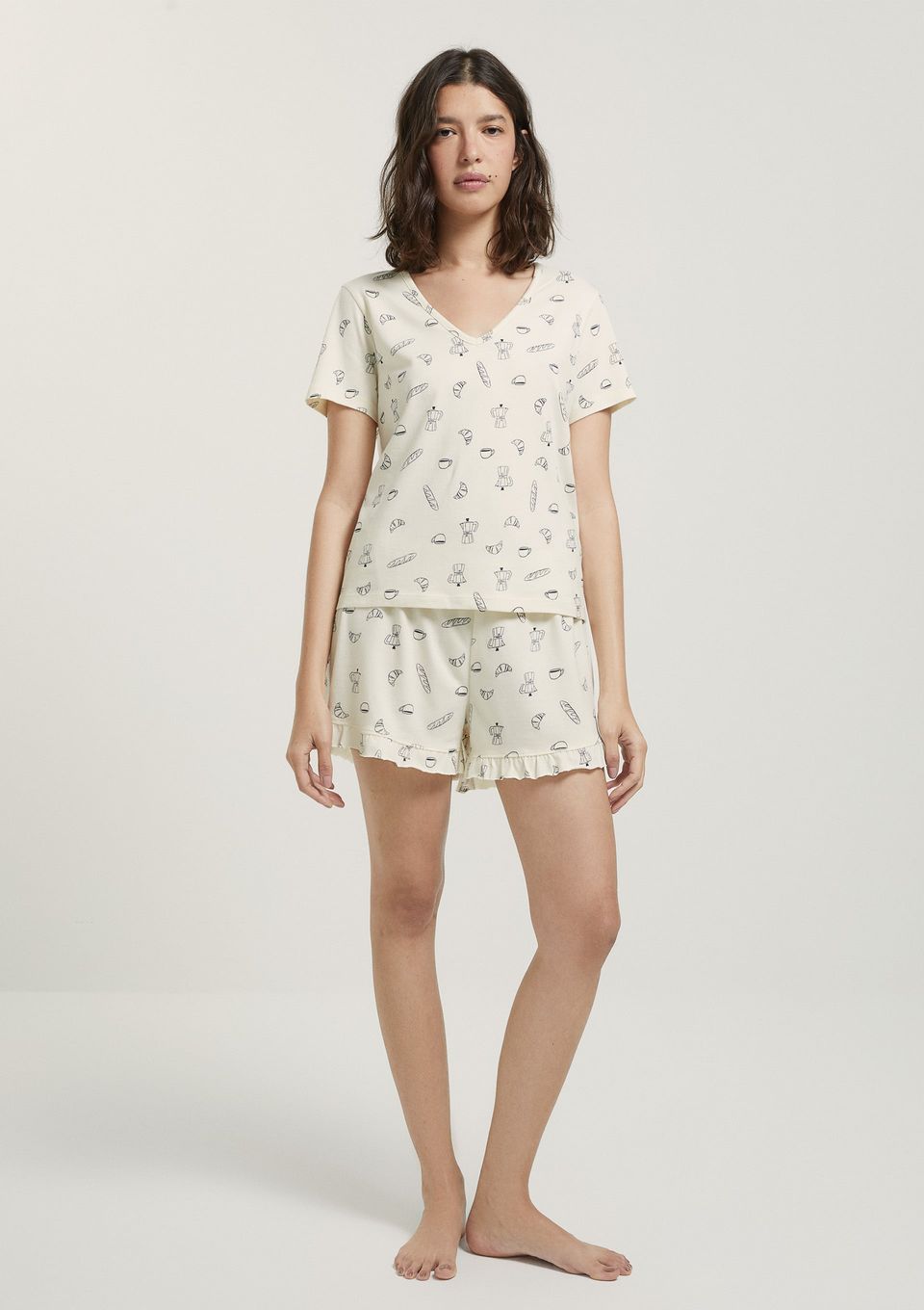 Pijama Curto Feminino Estampado Decote V - Creme