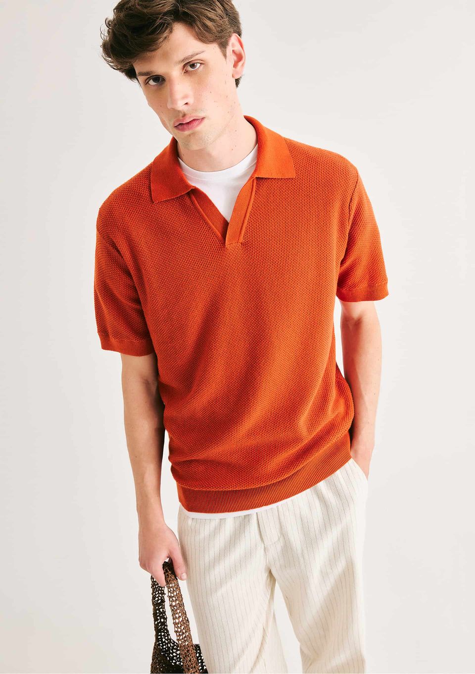 Polo Masculina Tricô Fio Tinto - Terracota