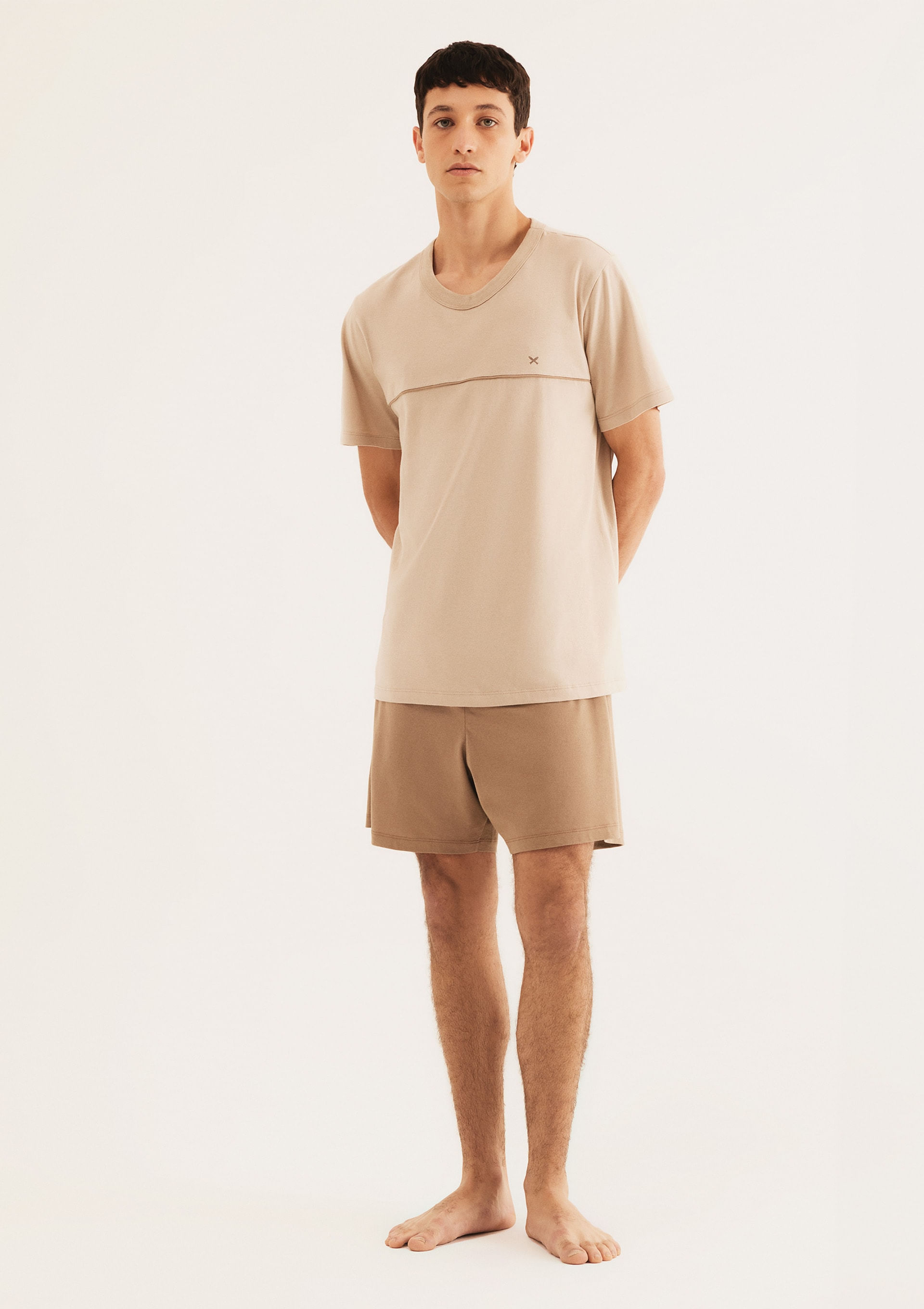 Pijama Curto Masculino Em Algodão - Bege