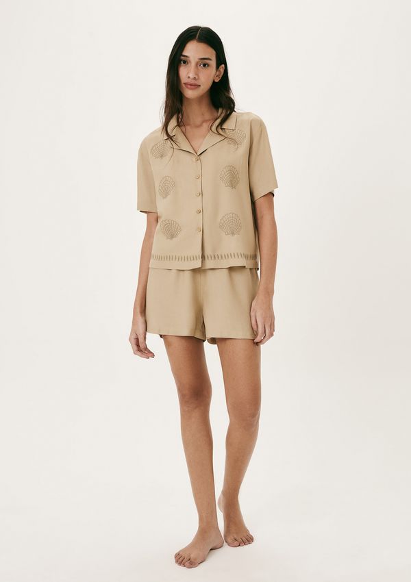 Pijama Curto Feminino Com Camisa Estampada - Bege XG