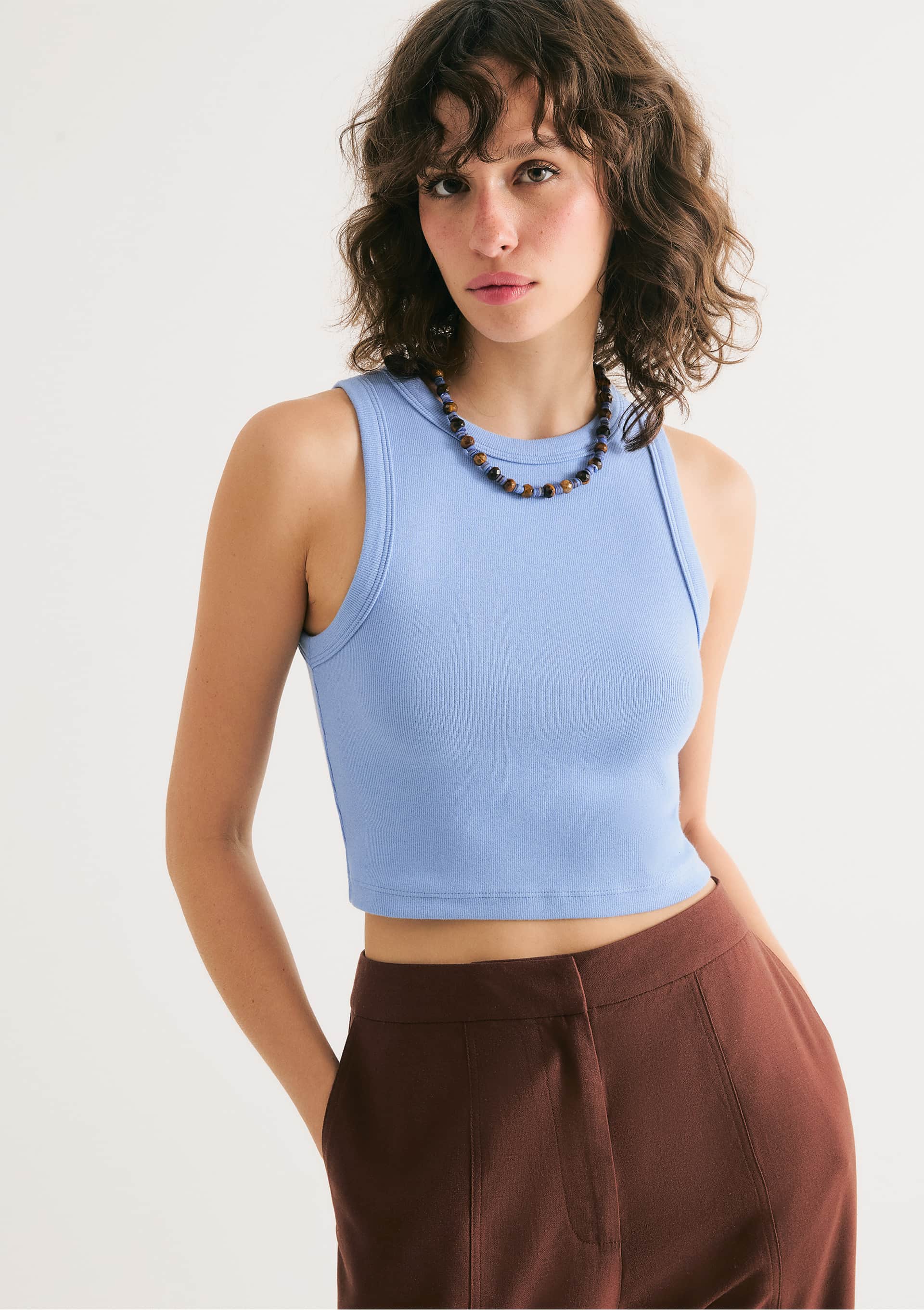 Regata Feminina Cropped Decote Halter Neck Em Ribana Canelada - Azul