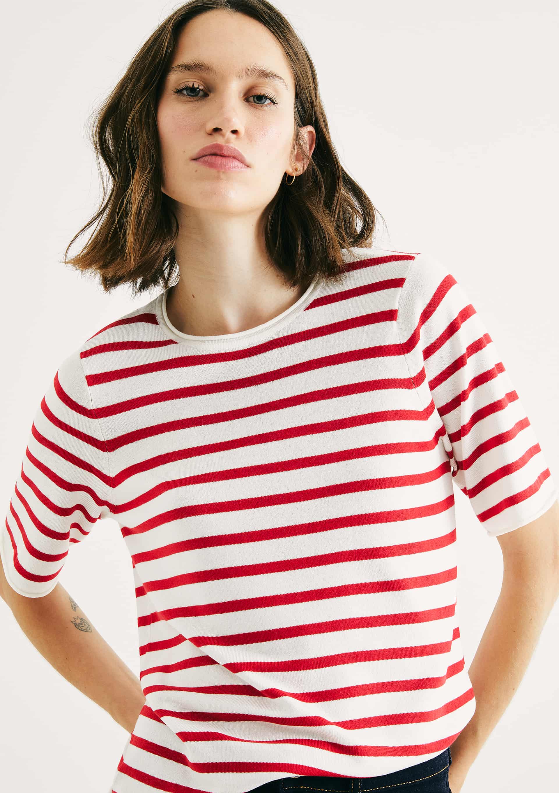 Blusa Feminina Listrada Em Tricô - Vermelho