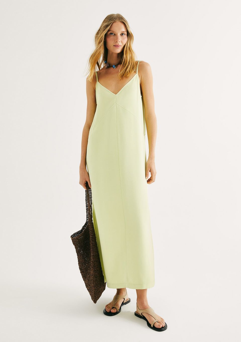 Vestido Midi em Peach Touch com Fenda - Verde