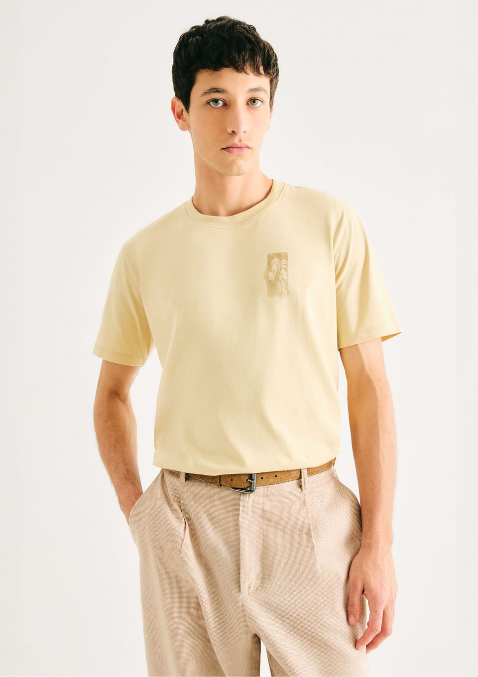 Camiseta Masculina Manga Curta com Estampa - Bege