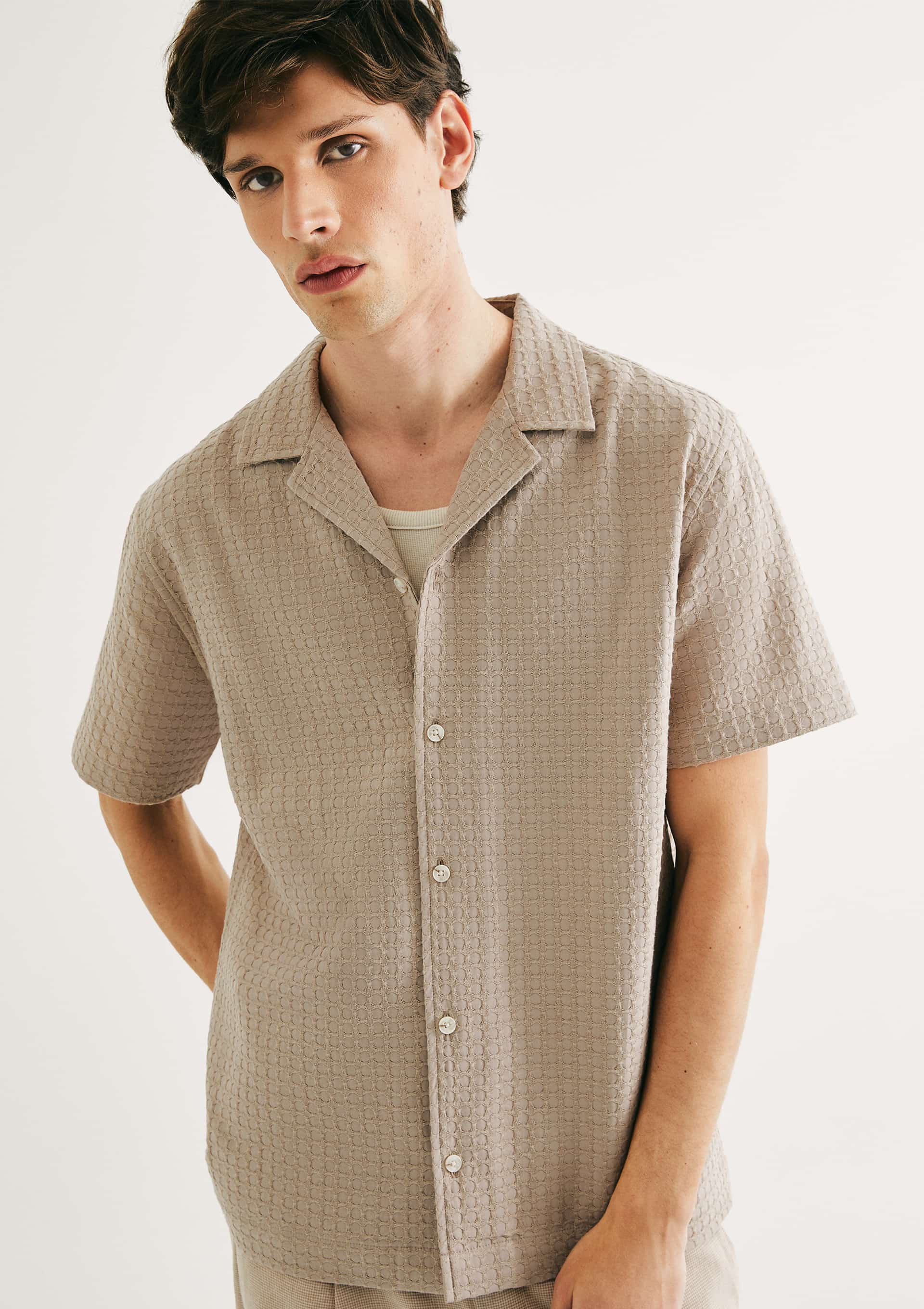 Camisa Masculina Manga Curta Texturizada - Caqui