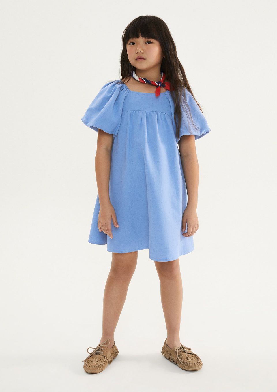 Vestido Infantil Curto Evasê com Linho - Azul