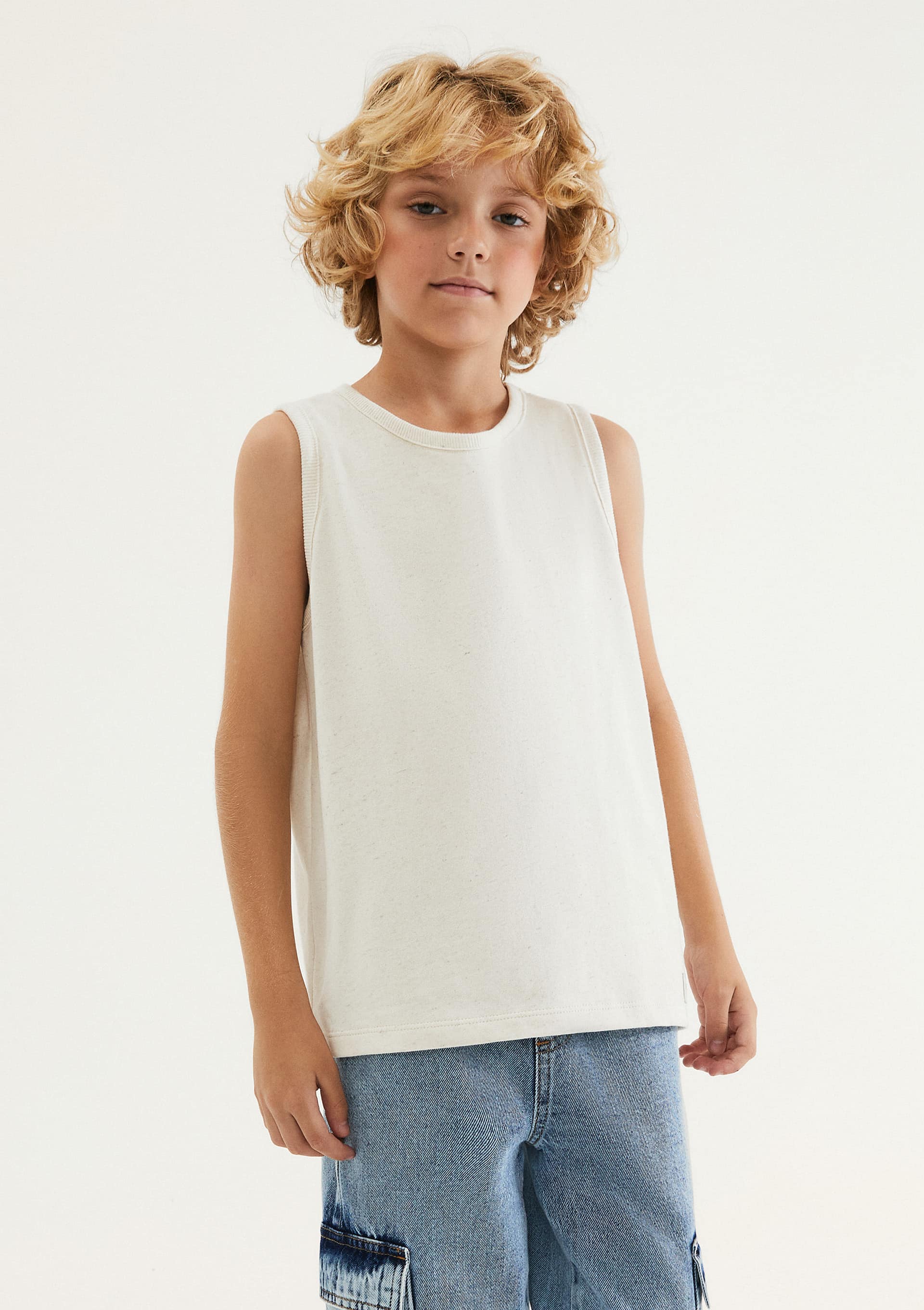 Regata Infantil Menino Básica Com Linho - Creme
