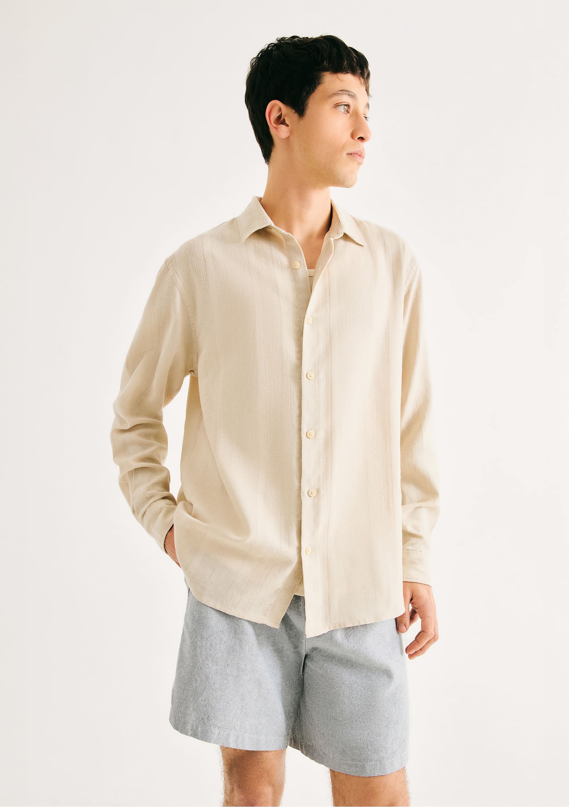 Camisa Masculina Fio Tinto Listrada - Creme