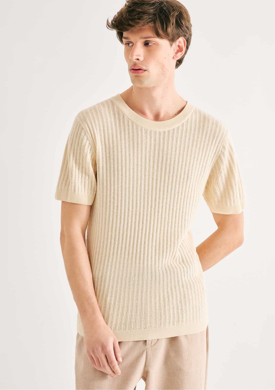 Camiseta Masculina Manga Curta em Tricô - Creme