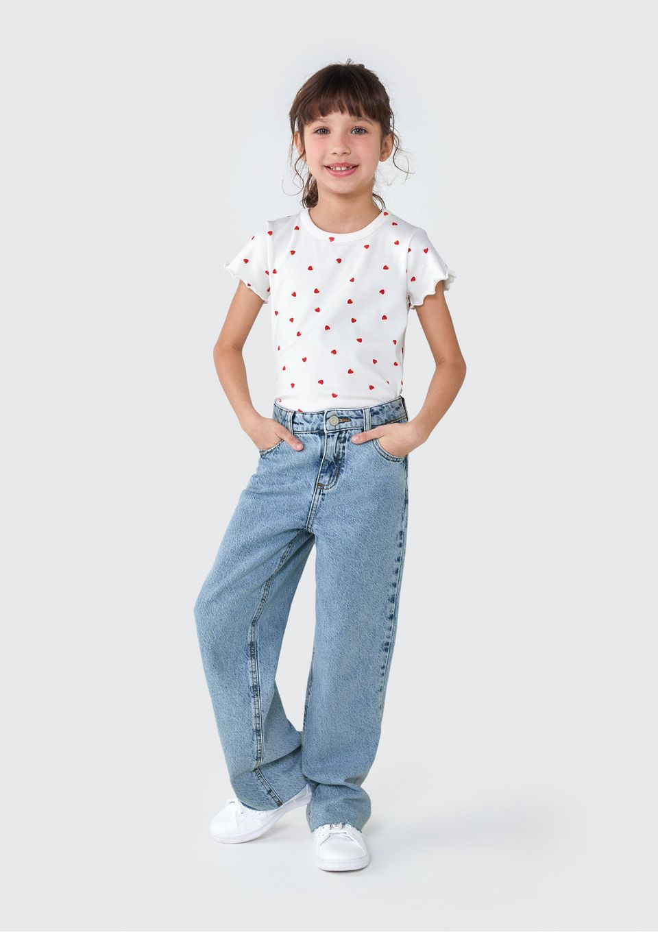 Blusa Infantil Menina Manga Curta em Ribana Estampada - Off White