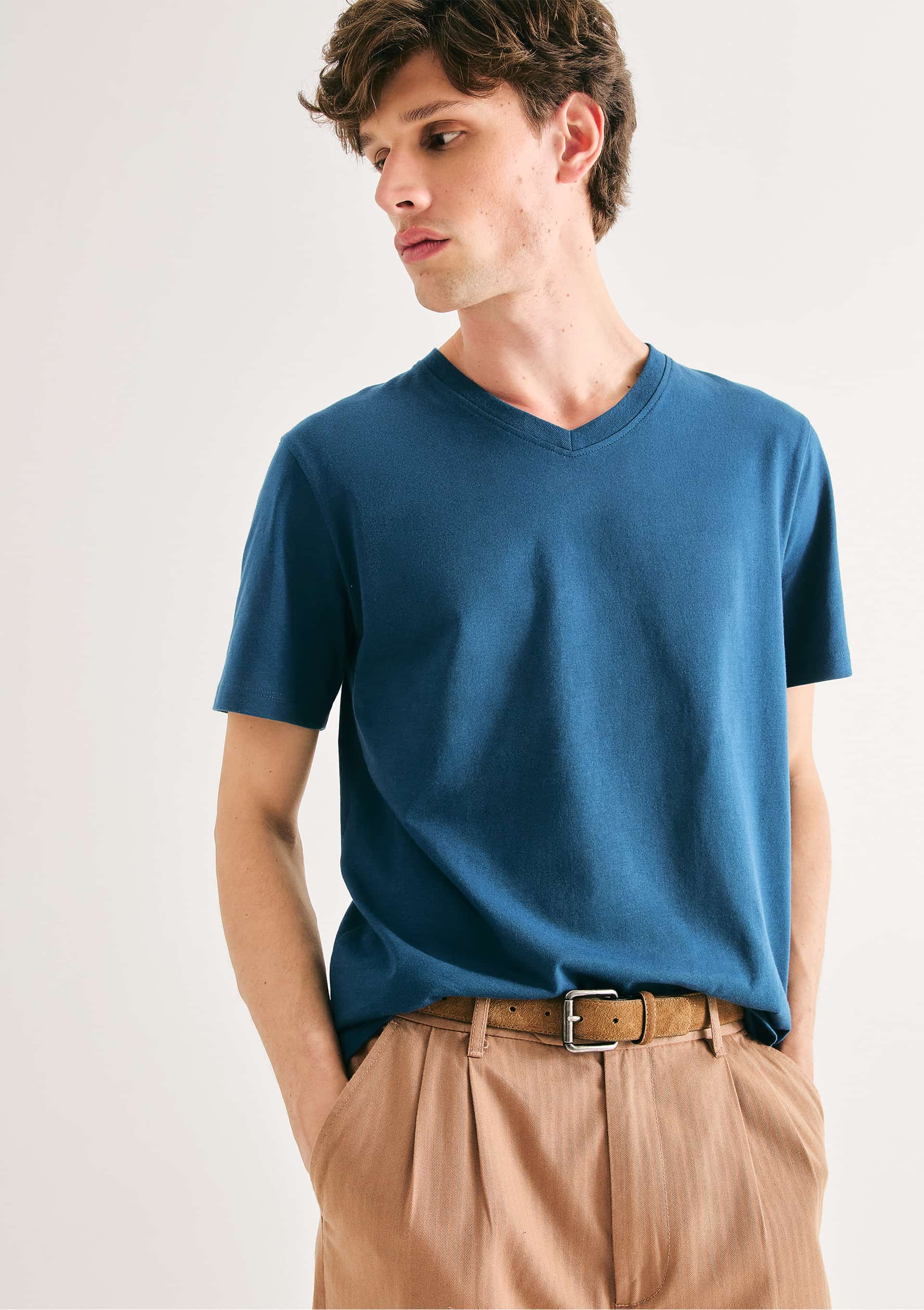 Camiseta Básica Masculina Manga Curta Gola V World - Azul